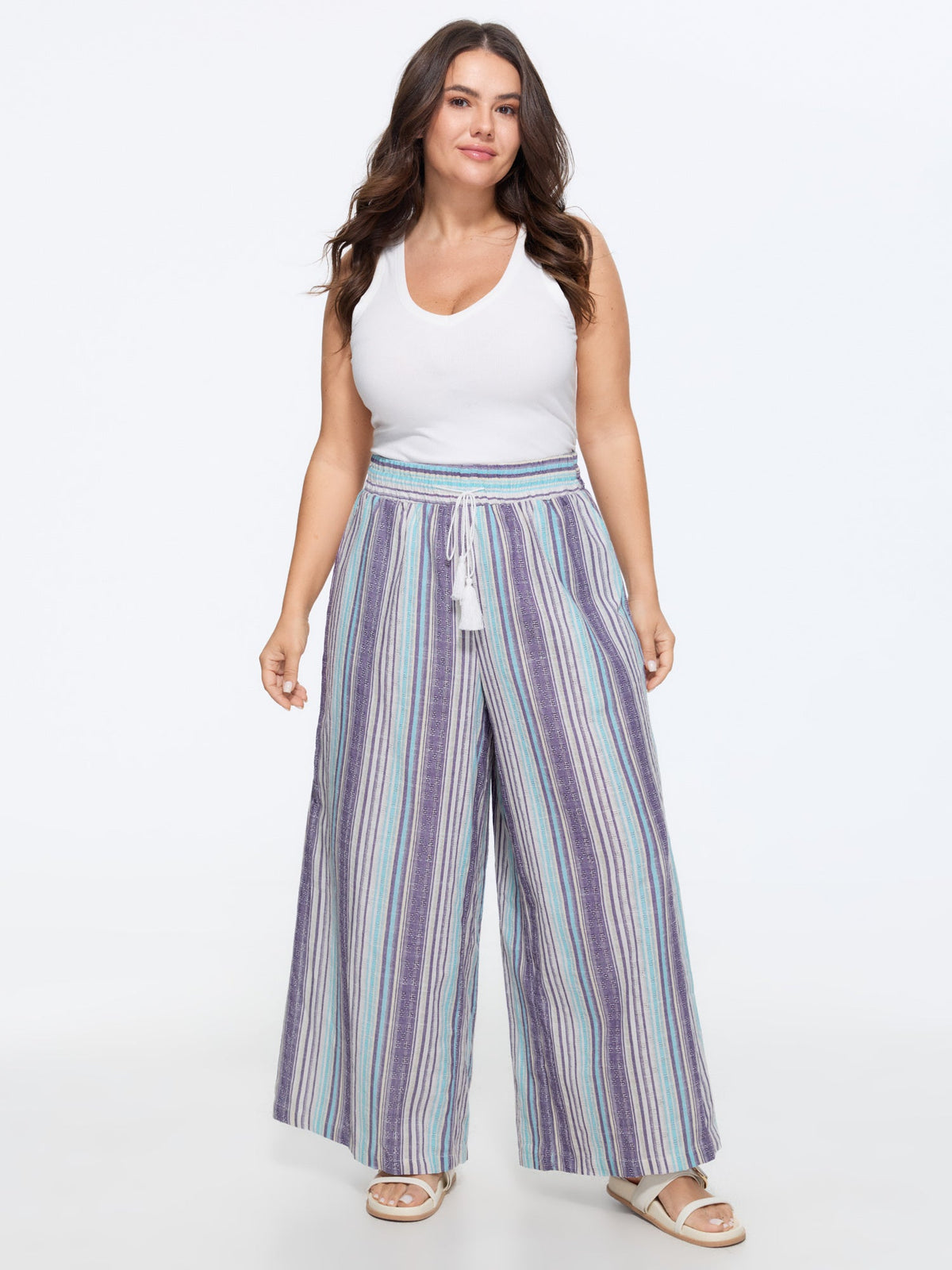 Cotton Striped Drawstring Wide Leg Pants