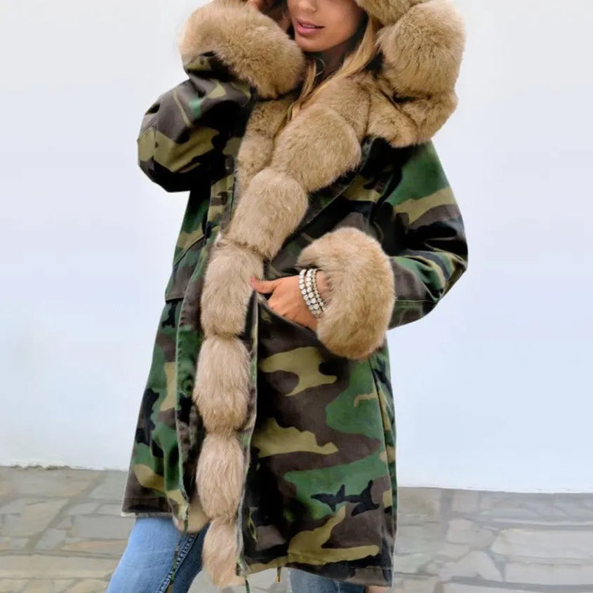 Womens Hooded Camouflage Warm Winter Coats Faux Fur Jacket Parka Overcoat