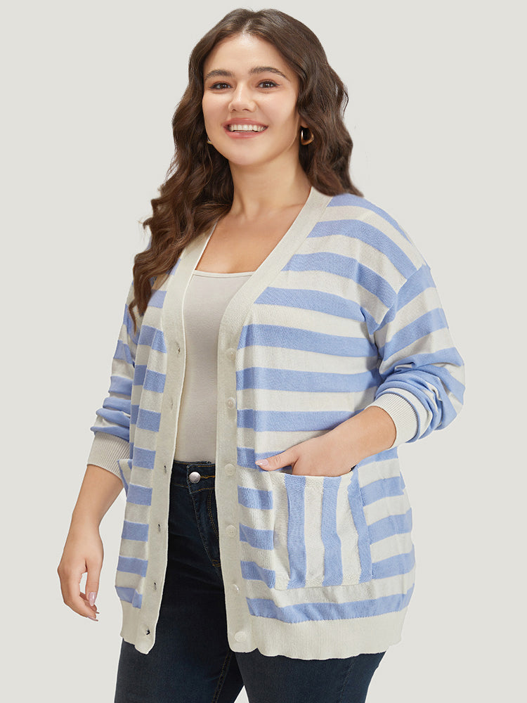 Striped Button Down Patched Pocket Cardigan