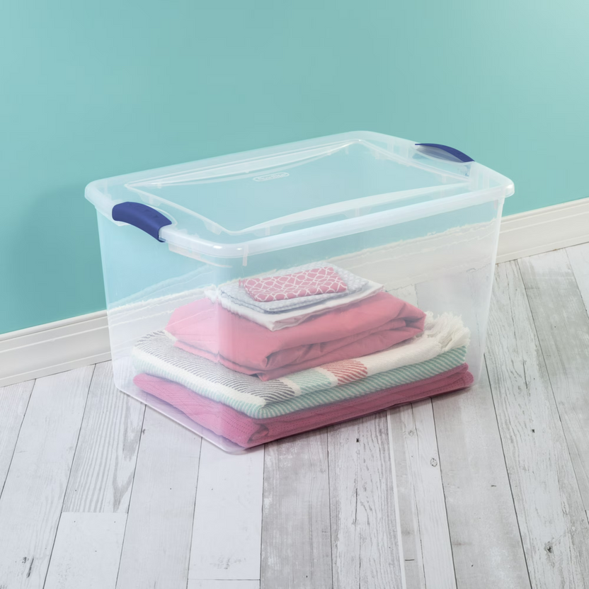 66 Clear Plastic Storage Box with Blue Latching Lid, Large Stackable Storage Container for Home, Garage & Bedroom Organisation