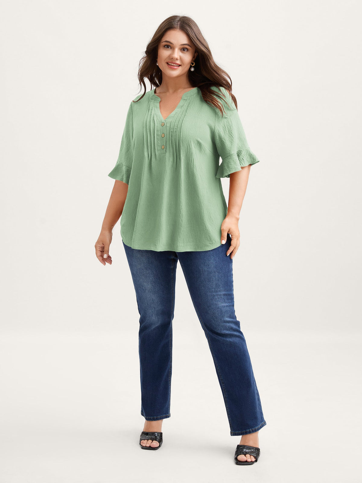 Toothpick Pleats Ruffled Sleeve Solid Blouse