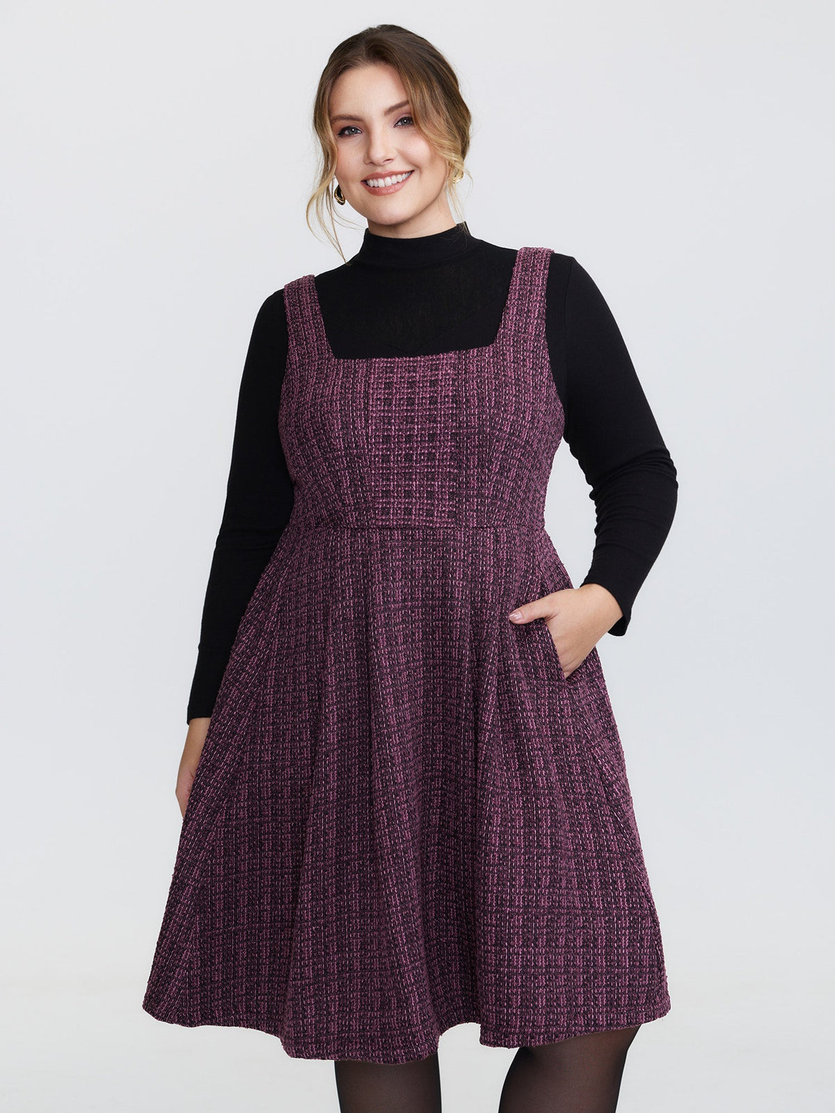 Tweed Pleated Waist Zipper Mini Dress