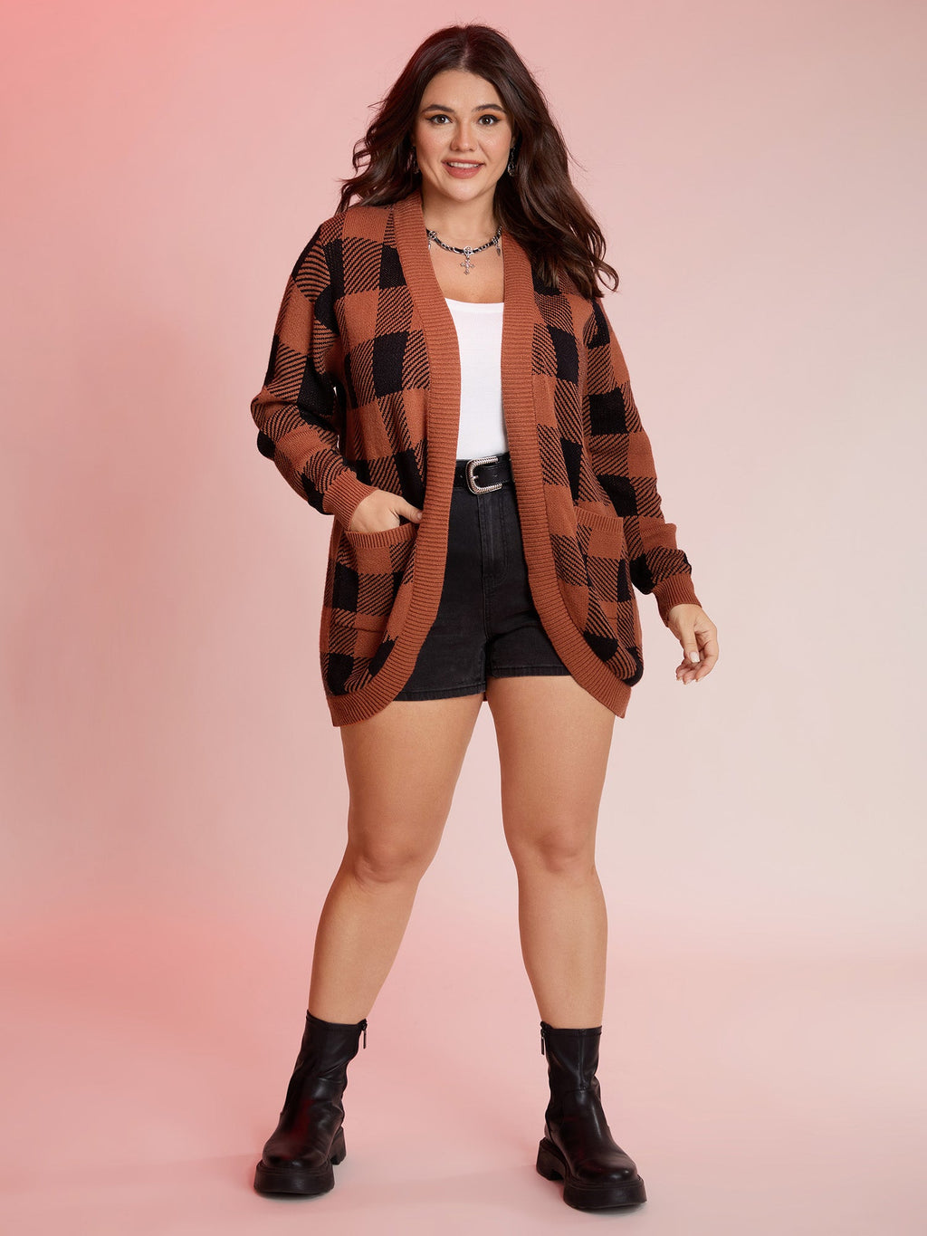 Supersoft Check Pattern Curvy Hem Pockets Cardigan