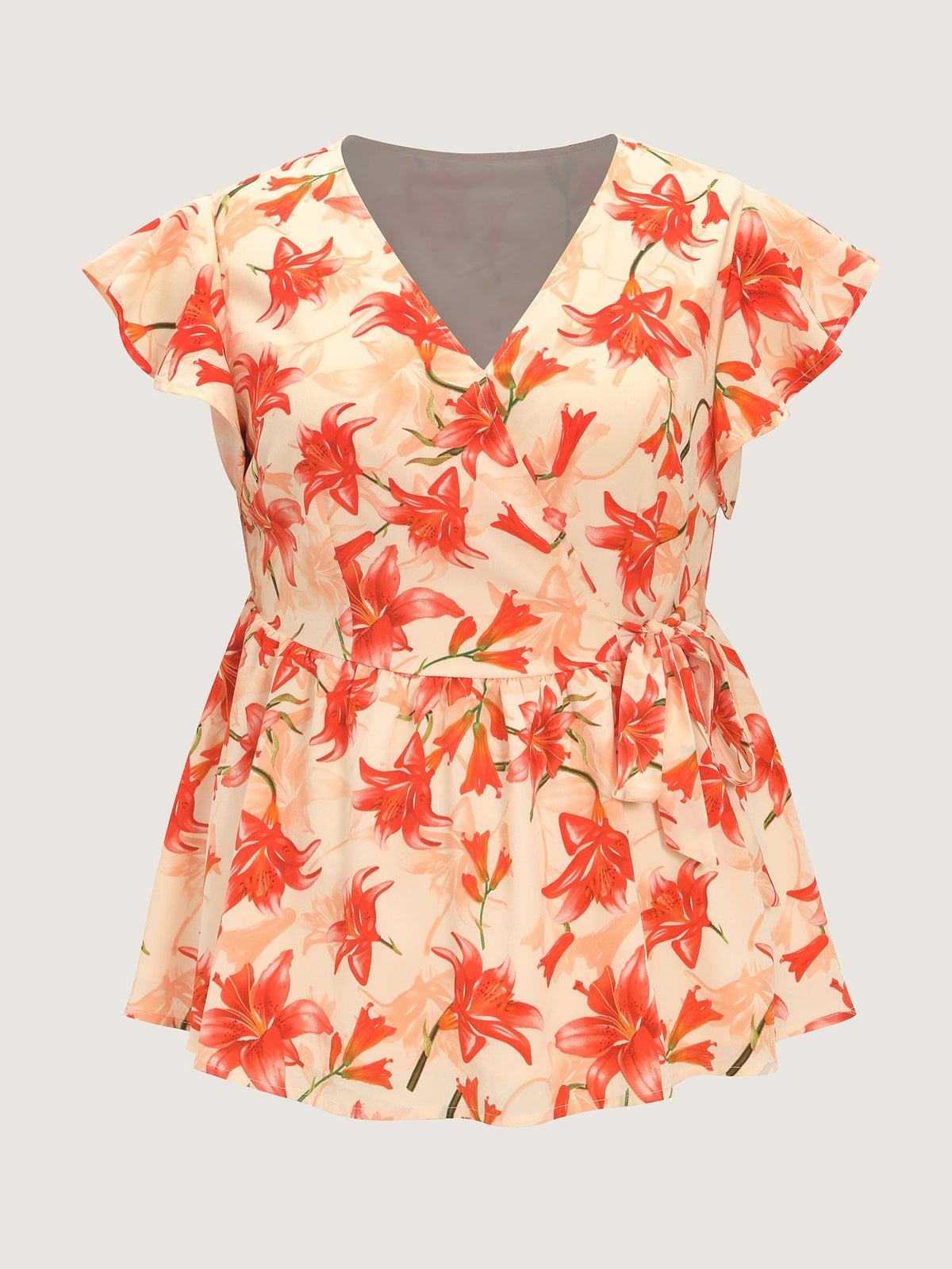 Floral Print Stretchy Wrap Tie Blouse