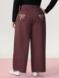 Cotton Bow Embroidery Pockets Plain Pants