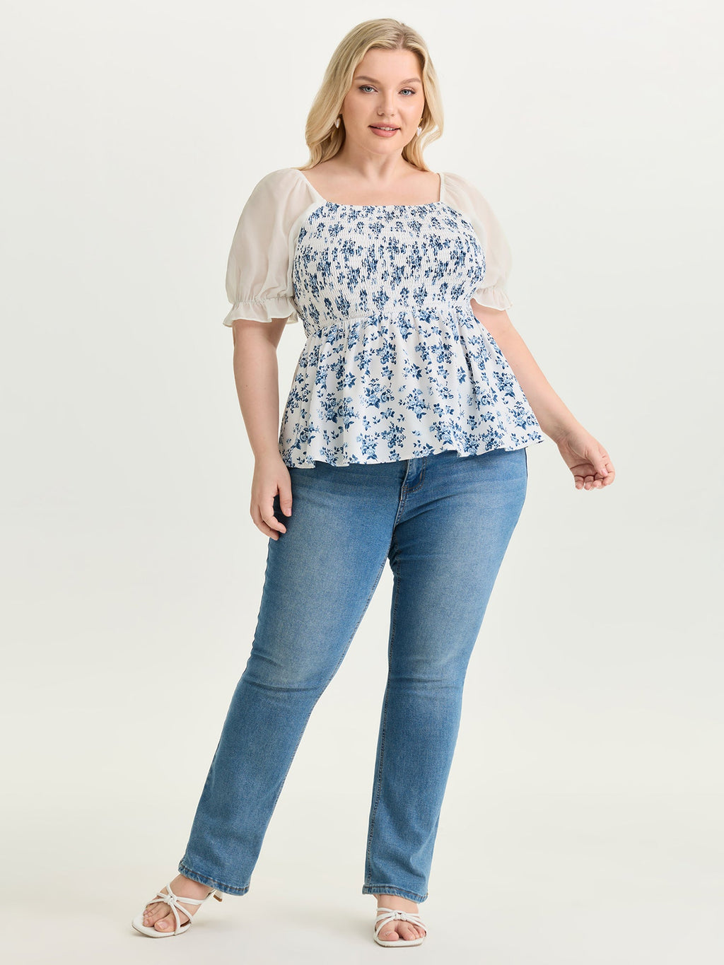 Floral Print Sheer Stretchy Cuff Sleeve Blouse