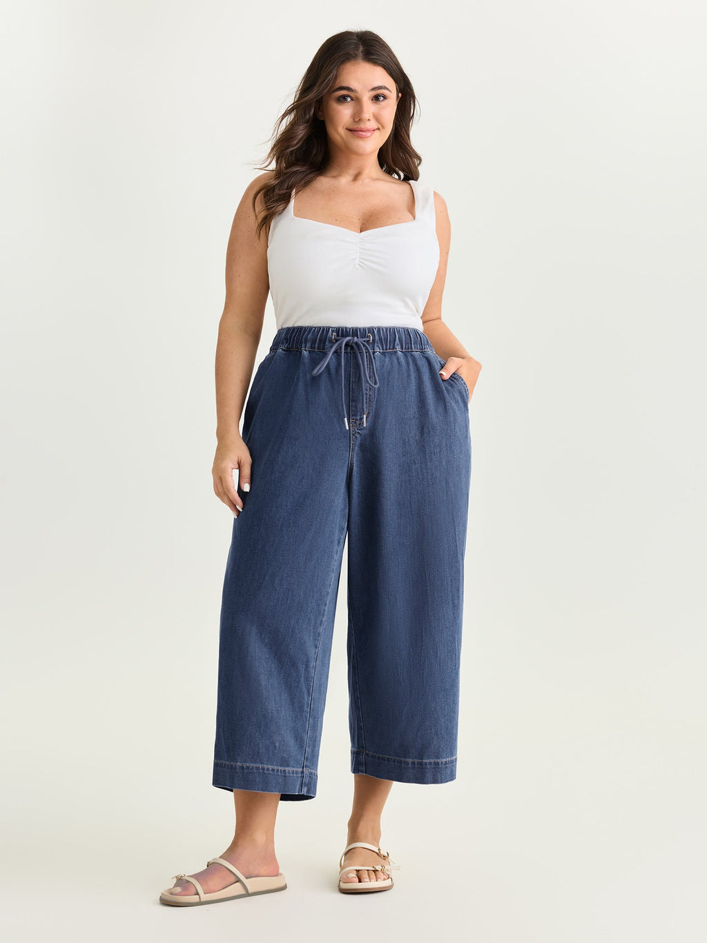 Elastic Drawstring Waistband Wide-Leg Jeans