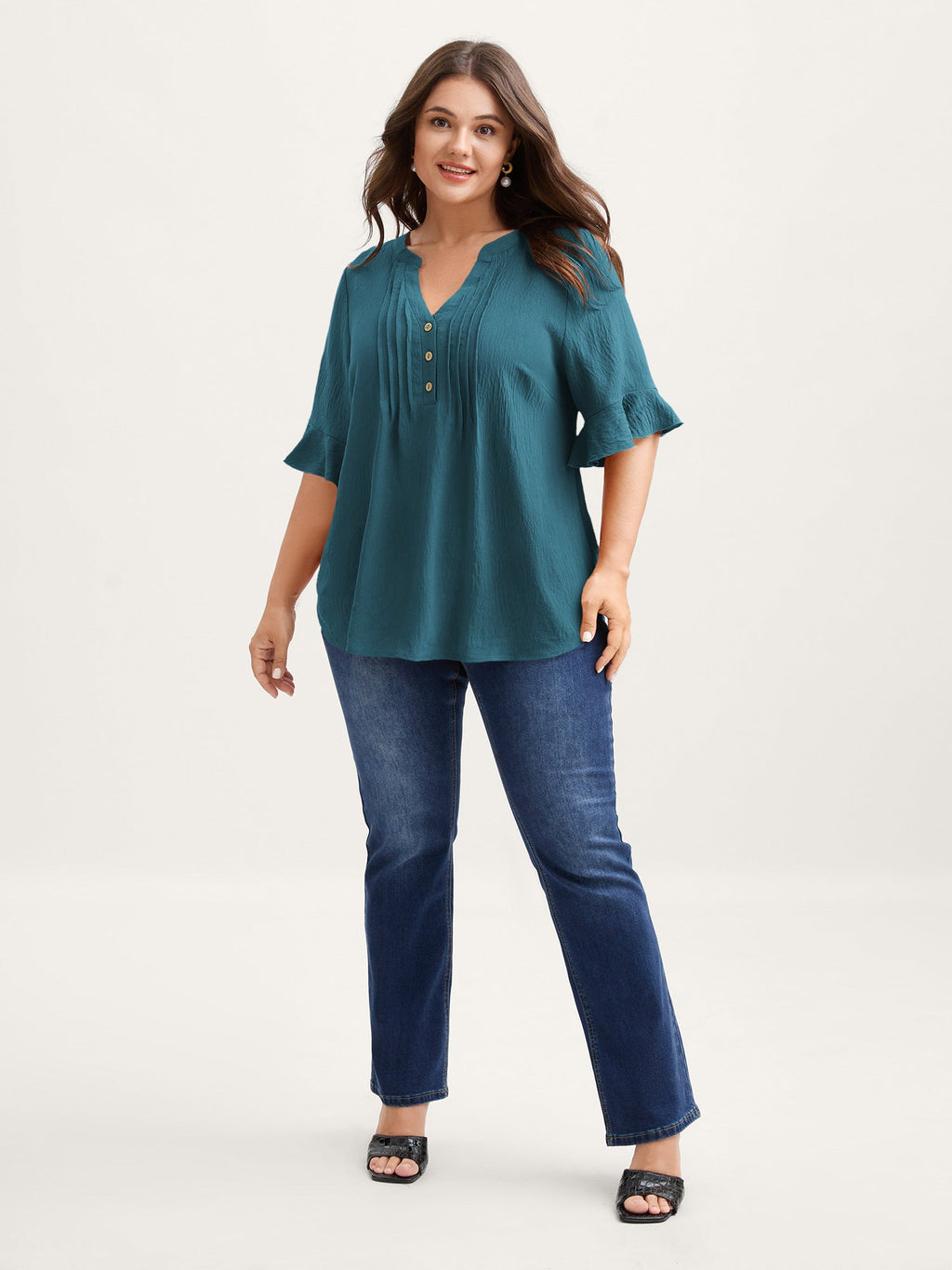 Toothpick Pleats Ruffled Sleeve Solid Blouse