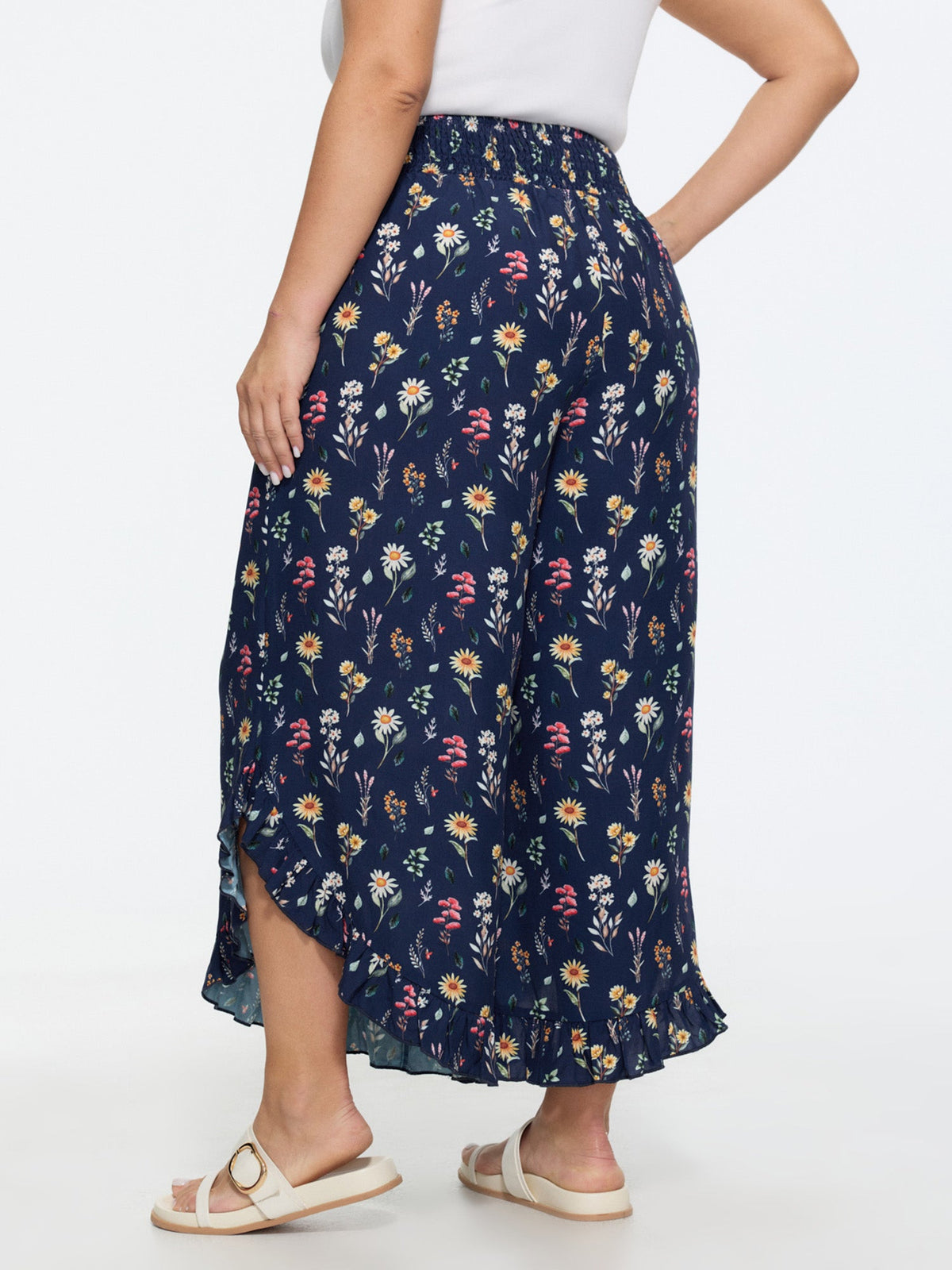 Colorful Floral Print Shirred Waist Ruffled Pants
