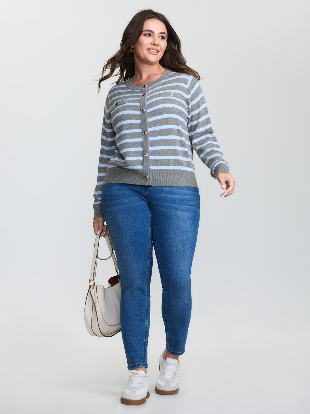 Striped Metallic Button Knit Cardigan
