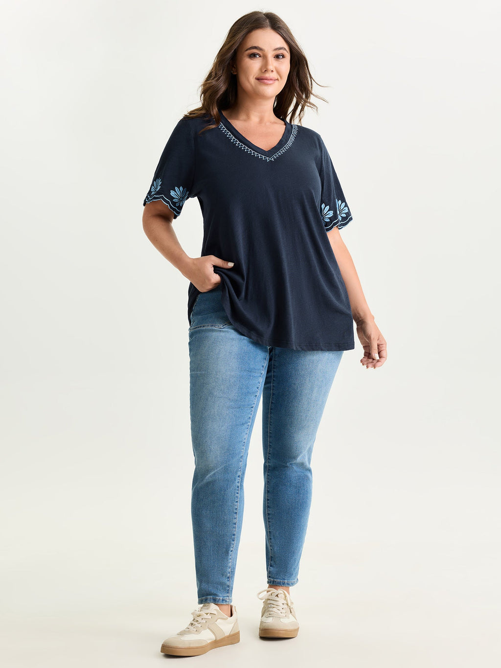 Cotton Stretchy V-Neck Floral Print T-Shirt