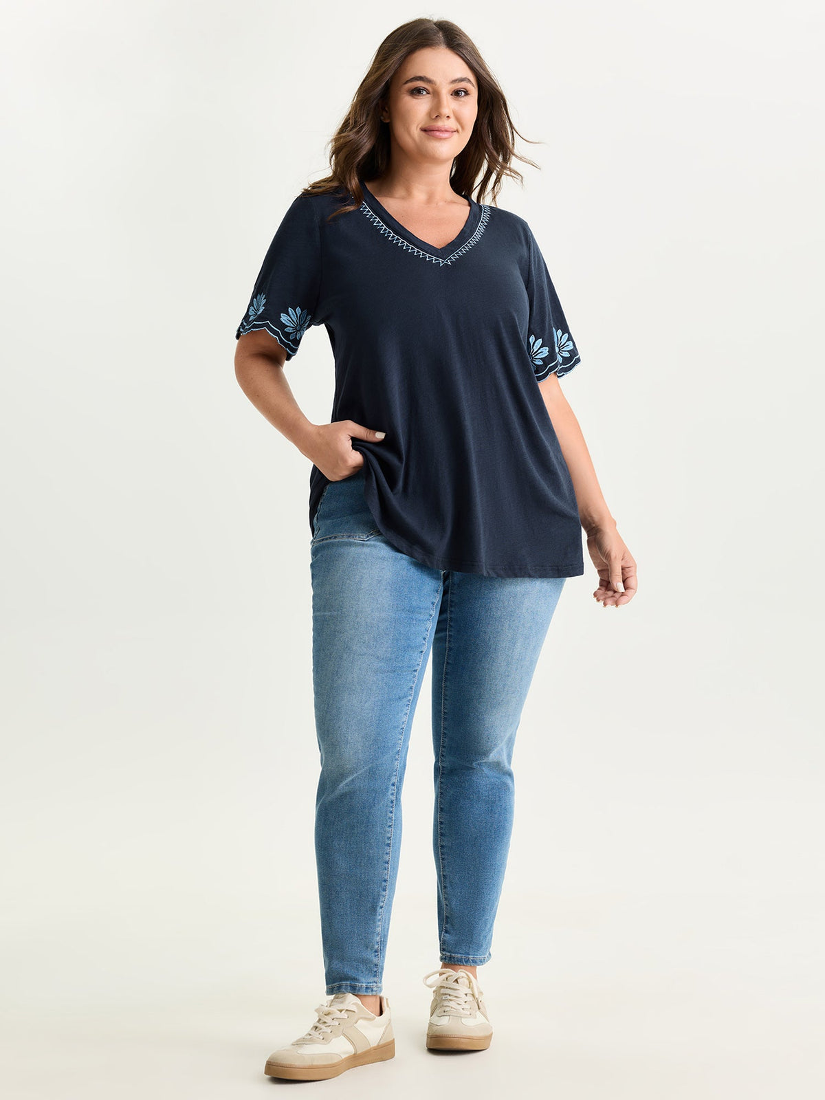 Cotton Stretchy V-Neck Floral Print T-Shirt