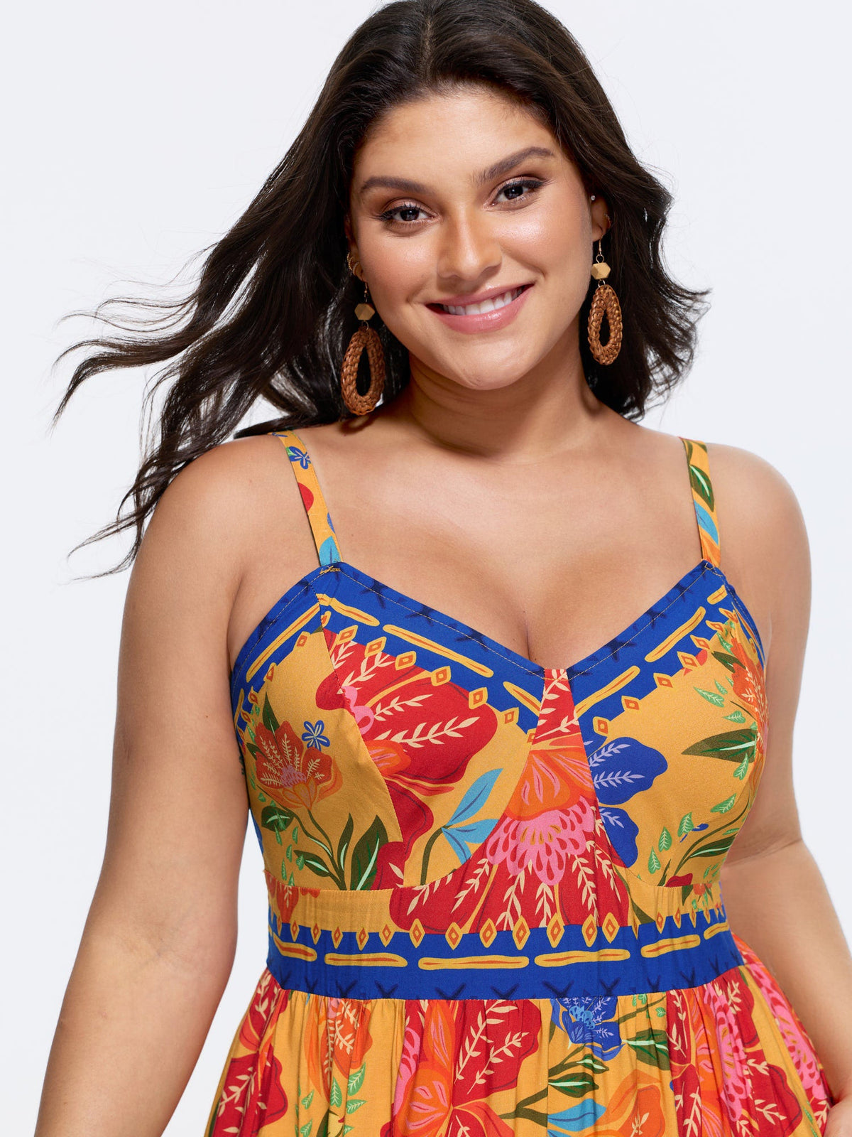 Vibrant Floral Print Pockets Cami Midi Dress