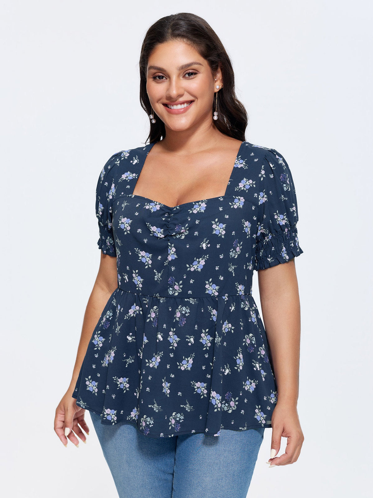 Floral Print Ruched Fit And Flare Blouse