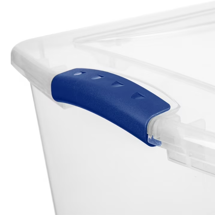 66 Clear Plastic Storage Box with Blue Latching Lid, Large Stackable Storage Container for Home, Garage & Bedroom Organisation