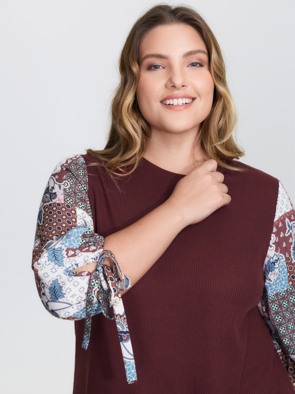 Boho Print Ribbed Sleeve Tie Sweatshirt