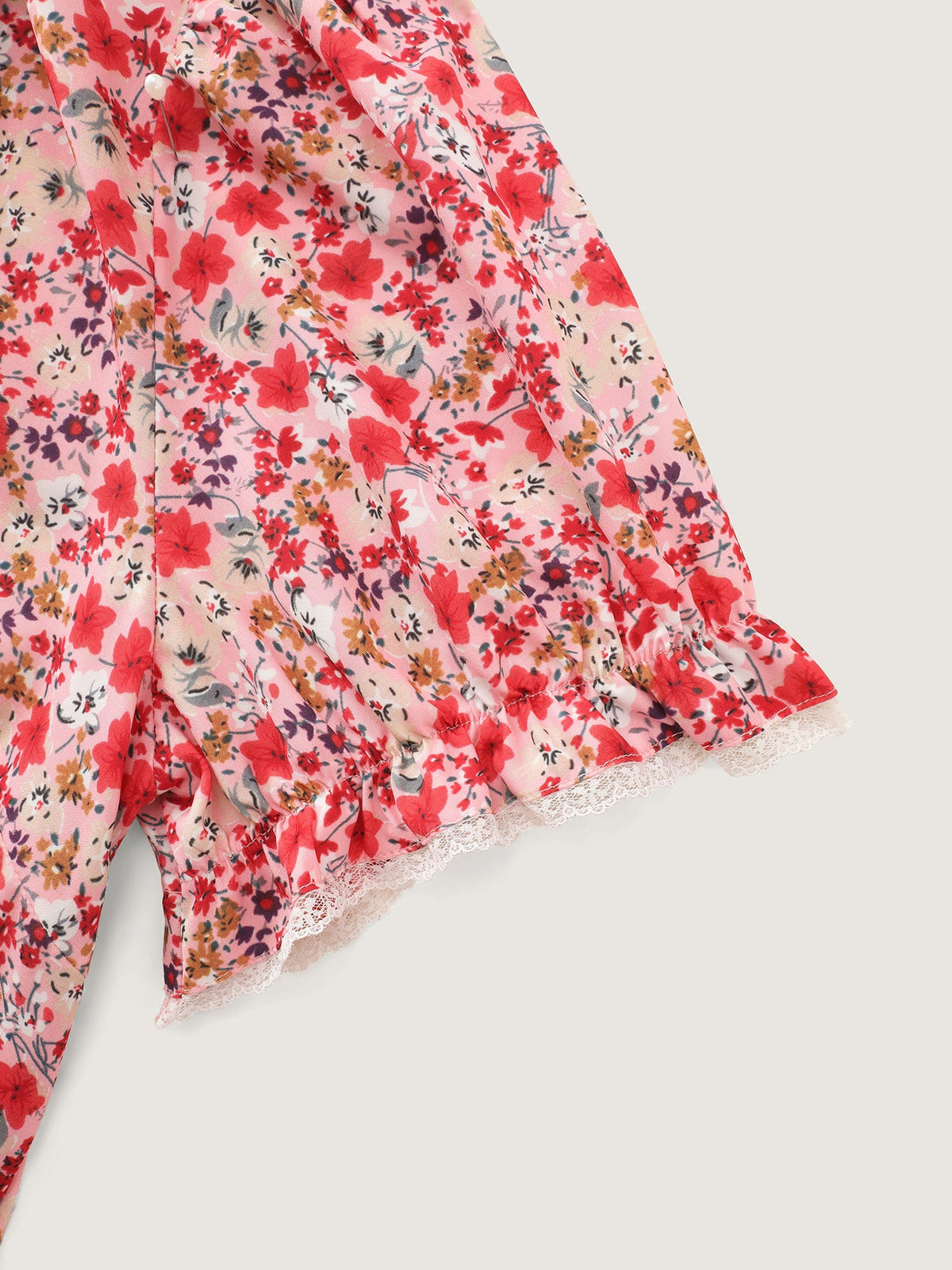 Sweet Floral Print Lettuce Leaf Detail Blouse