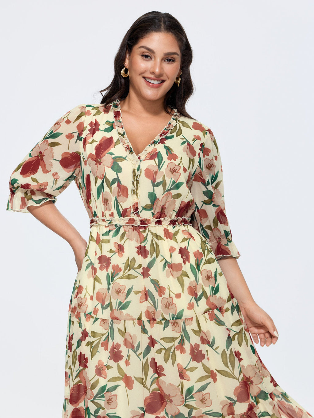 Romantic Floral Print Ruffled Edge Maxi Dress
