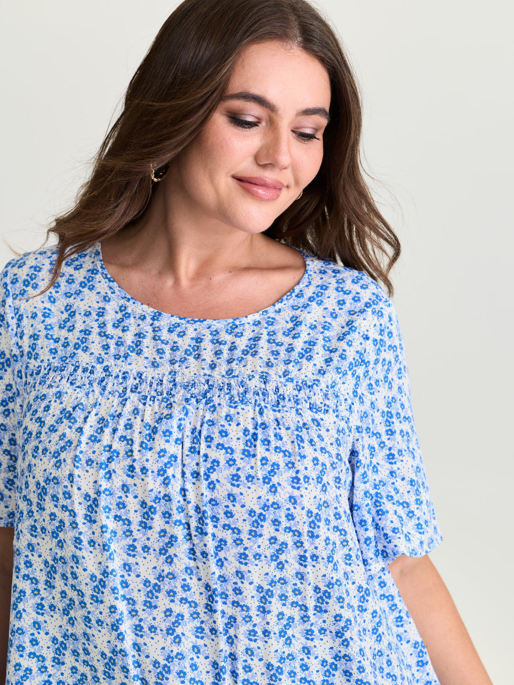 Floral Ruffle Sleeve Gathered Round Neck Blouse