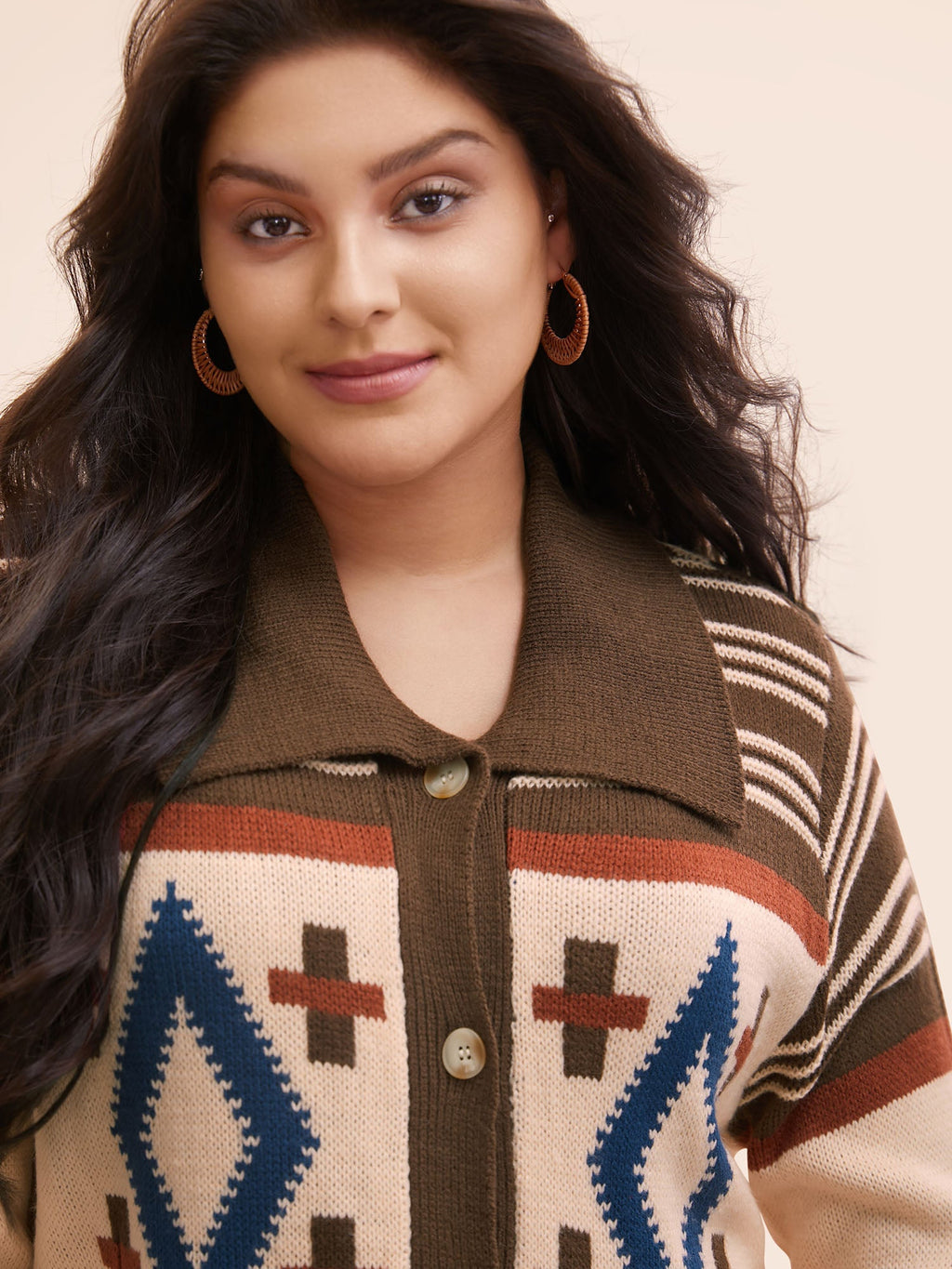 Geometric Pattern Collared Front Button Cardigan