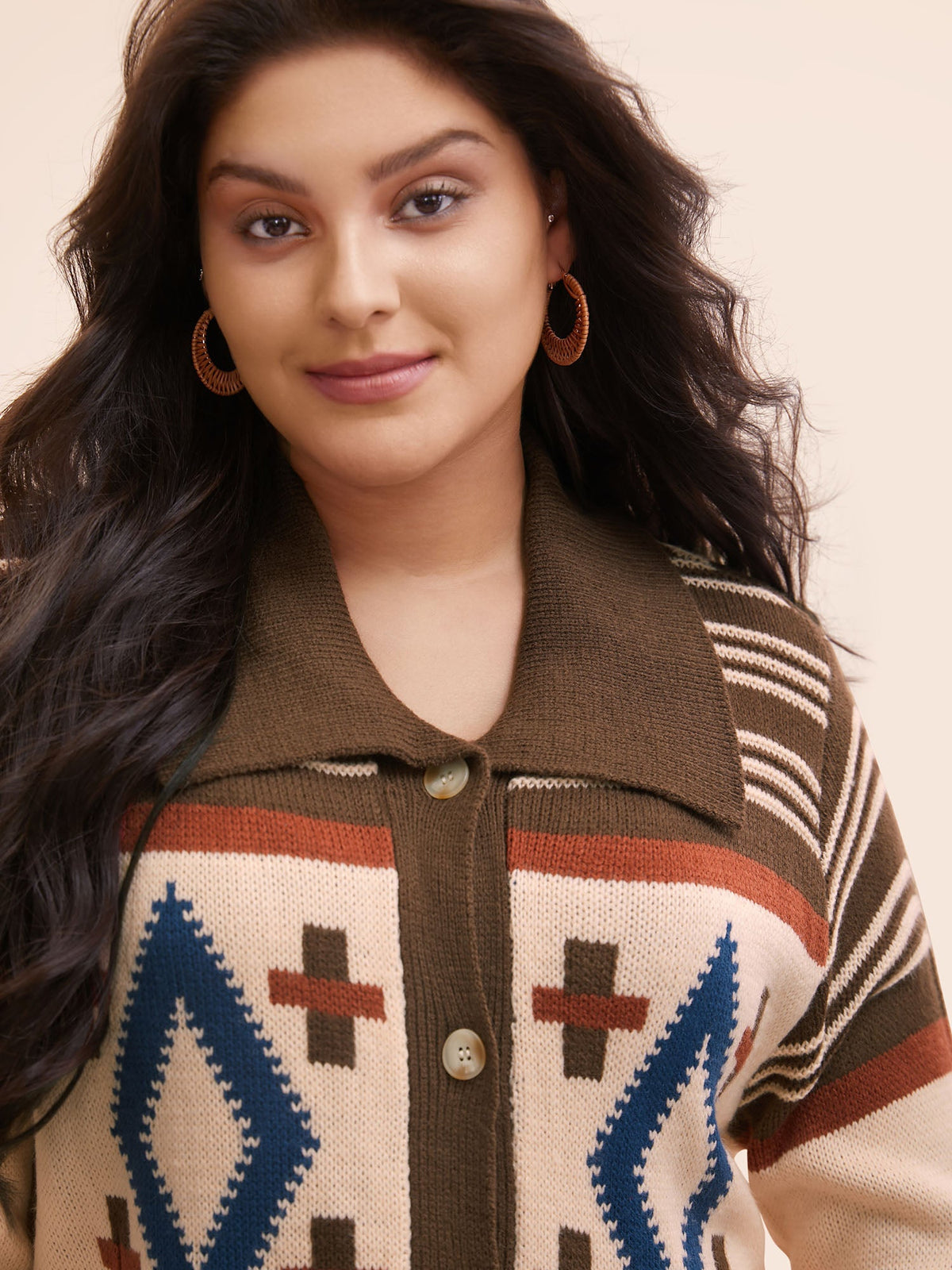Geometric Pattern Collared Front Button Cardigan