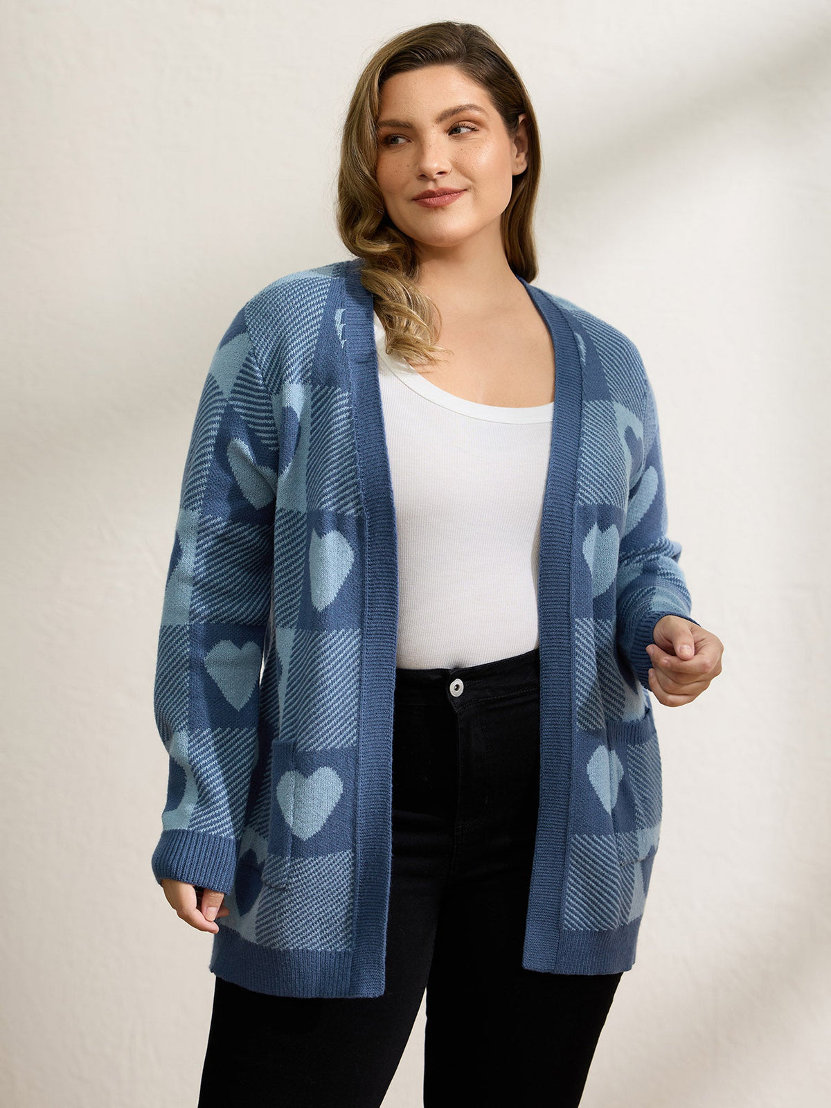 Supersoft Checkered Hearts Jacquard Pockets Knit Cardigan