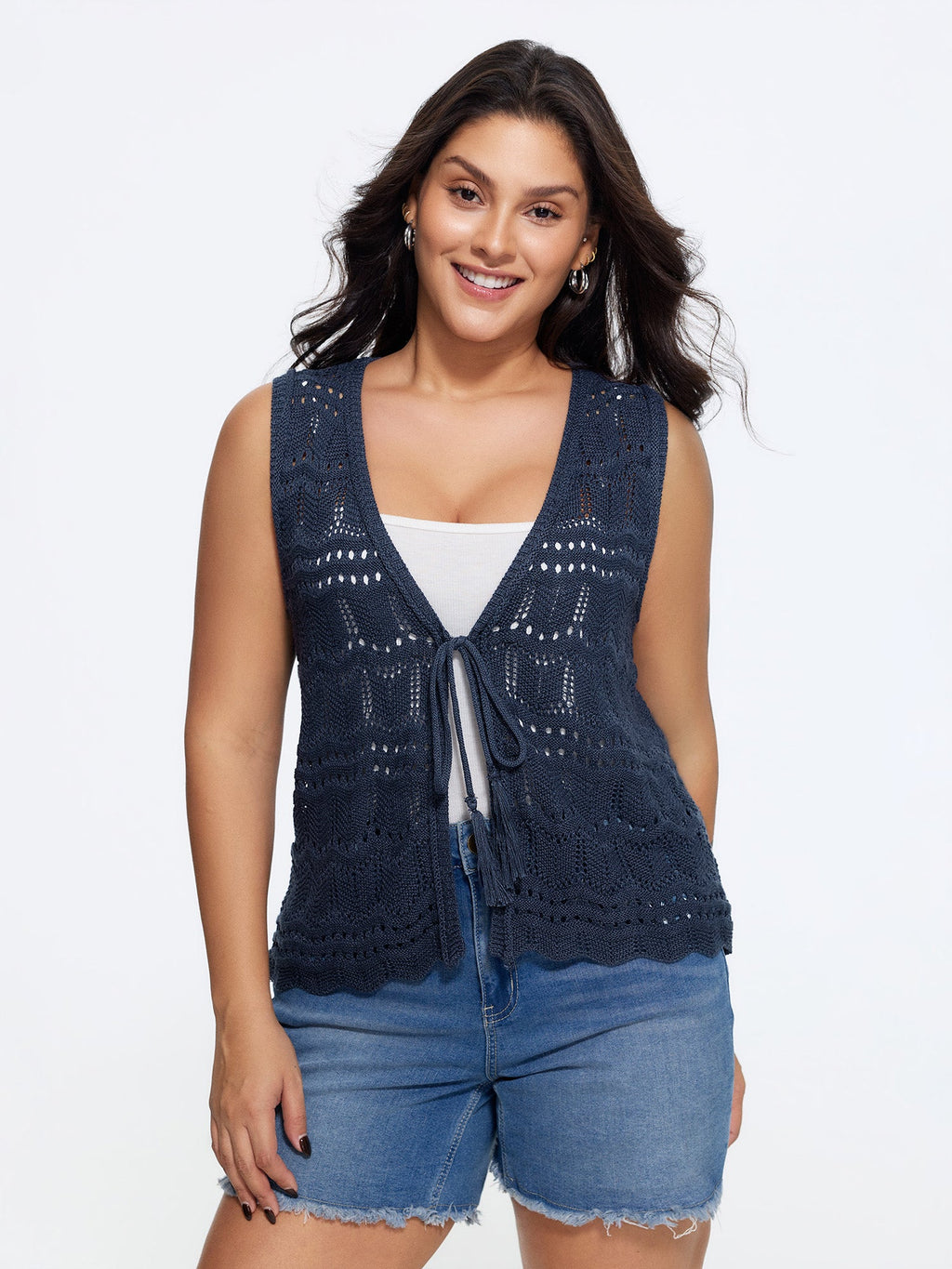 Hollow Out Scalloped Hem Front Tie Sweater Vest