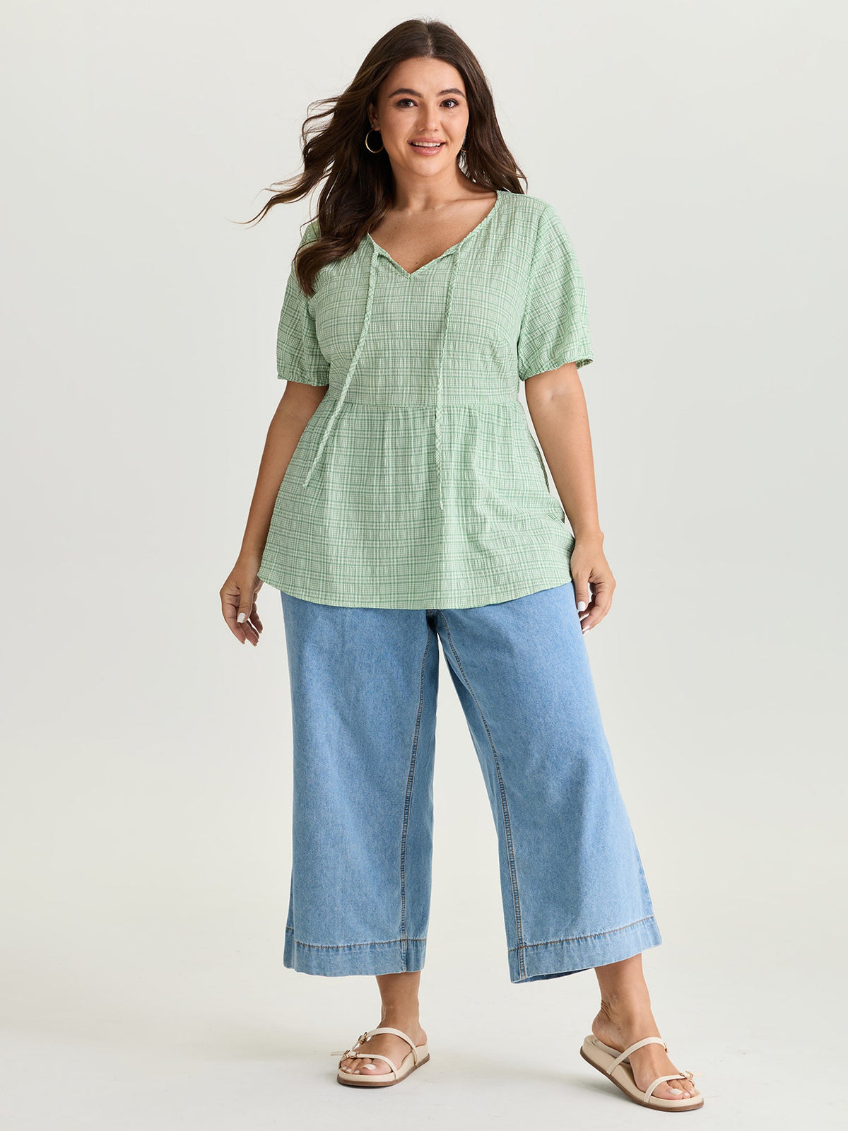 Grid Textured Drawstring Neckline Blouse