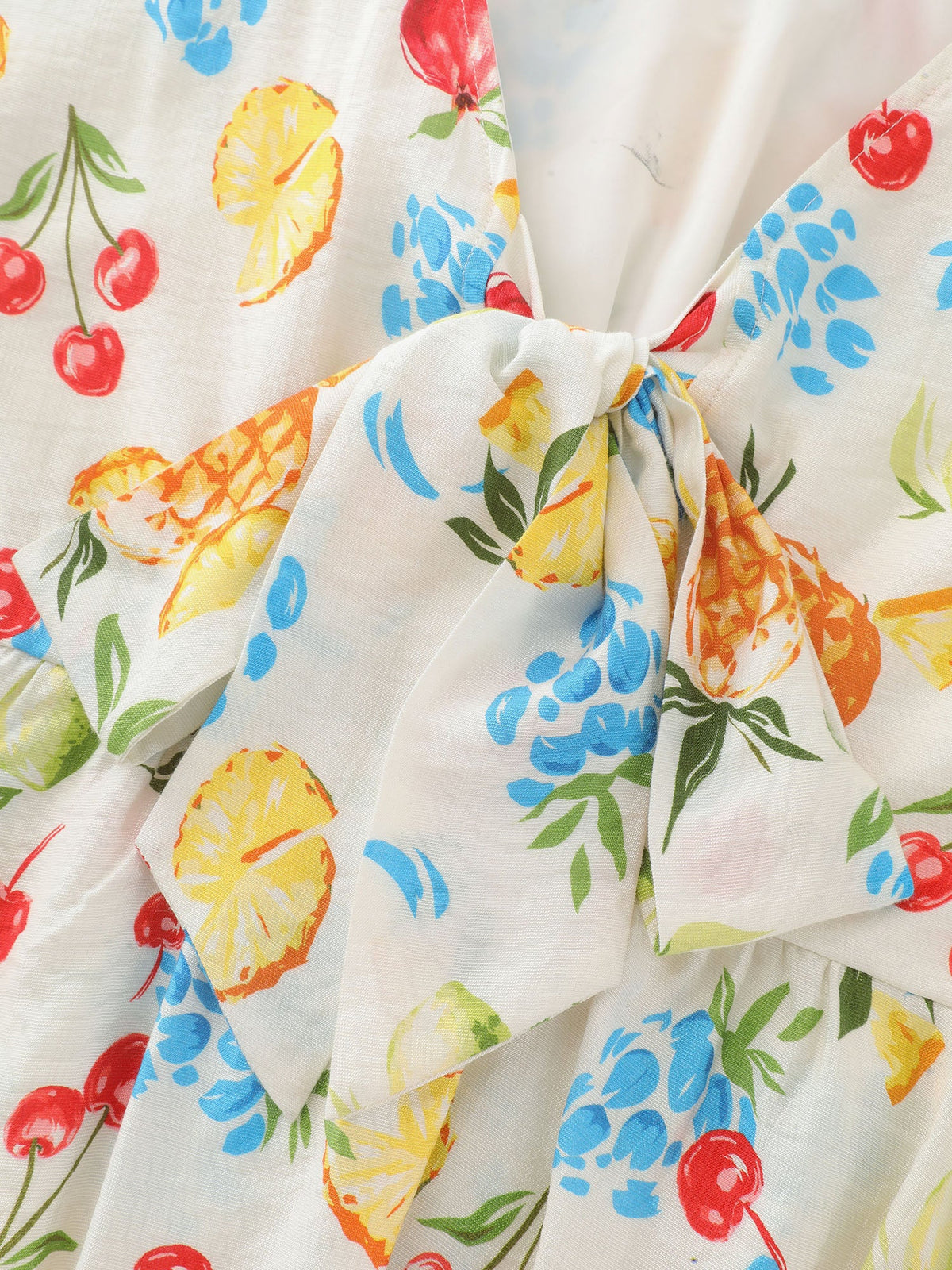 Fruit Print Bowknot Pleated Neckline Blouse