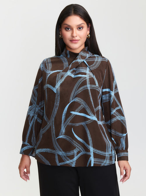 Abstract Print Drape Neckline Blouse