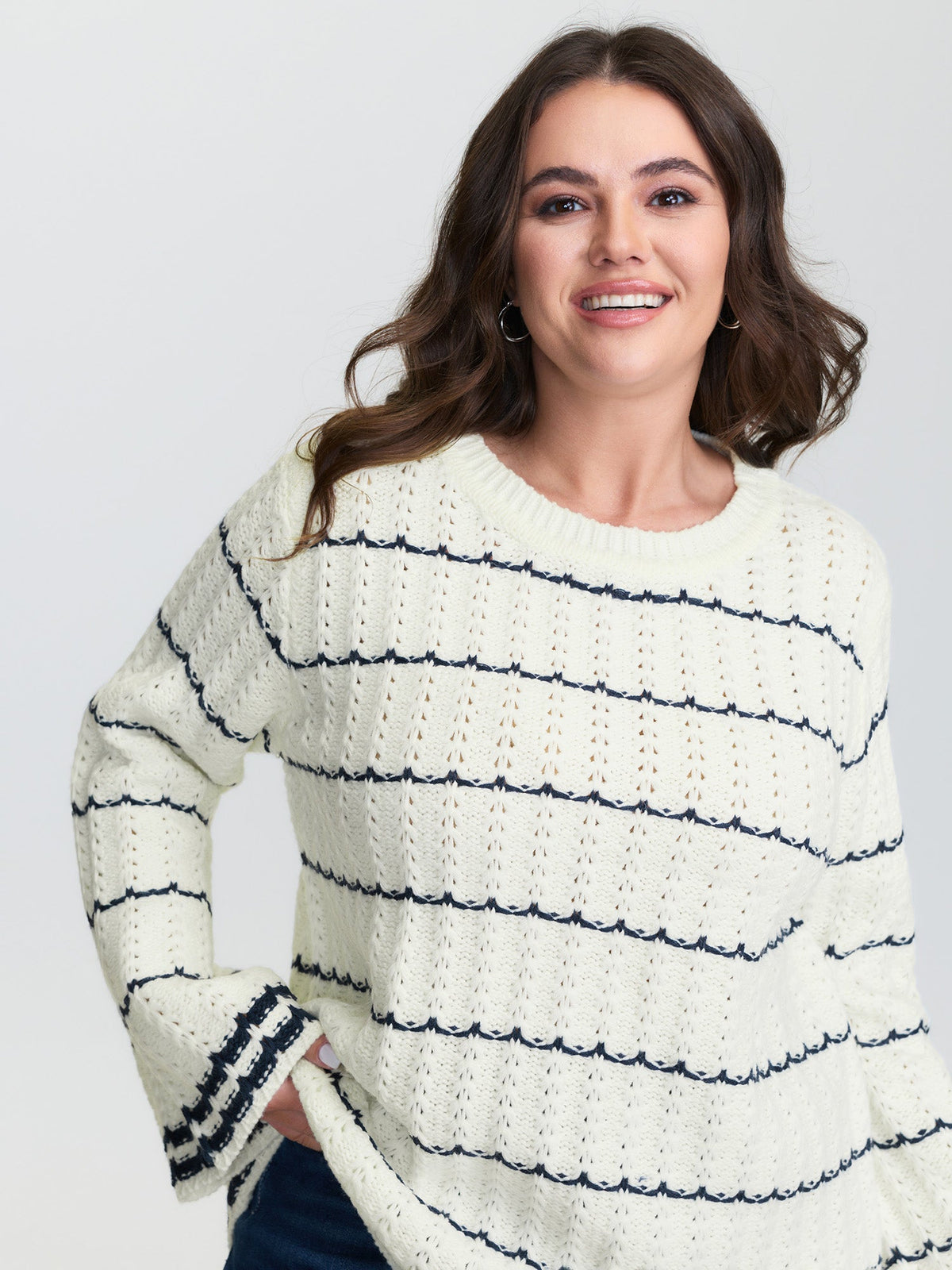 Textured Color Stripe Flared Sleeve Pullover