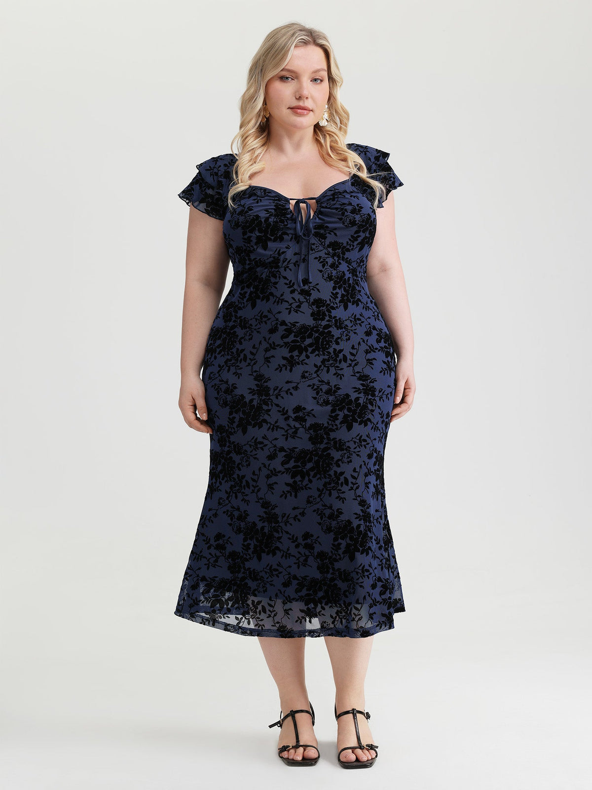 Floral Flocked Mesh Ruched Drawstring Midi Dress