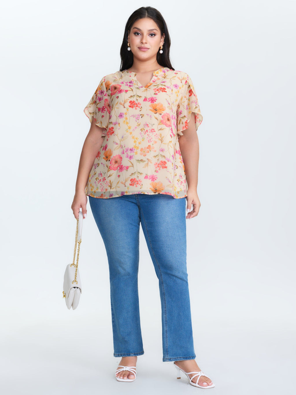 Sweet Floral Print Petal Sleeve Blouse