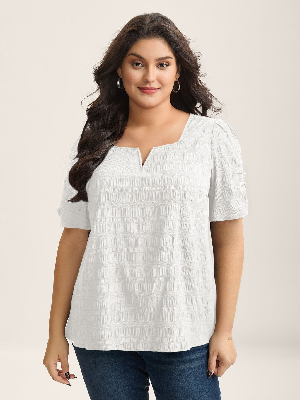 Textured Gathered Sleeve Split Neck Blouse