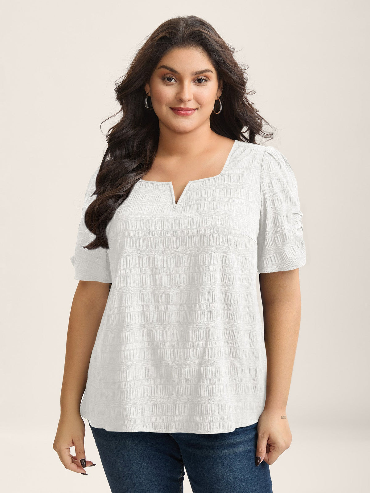 Textured Gathered Sleeve Split Neck Blouse
