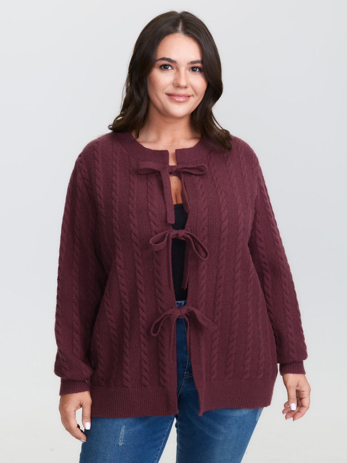Stretchy Braided Textured Front-Tie Knit Cardigan