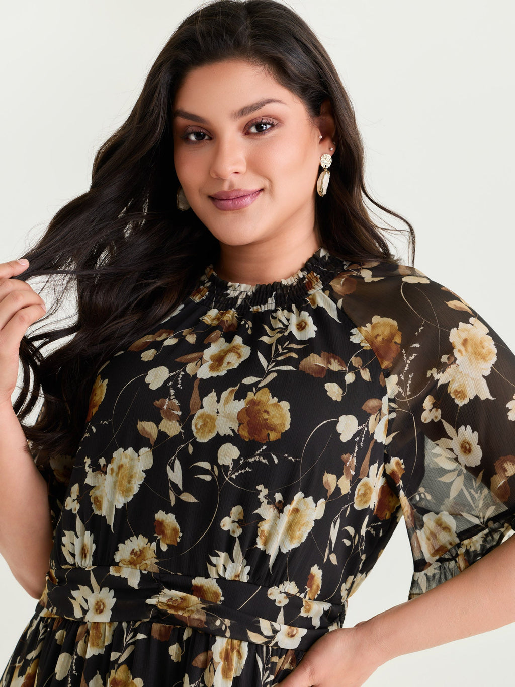 Floral Print Pockets Shirred Mock Neck Maxi Dress