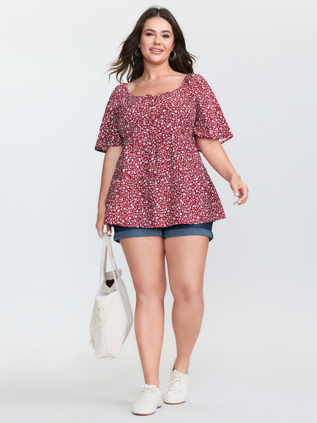 Micro Floral Print Sweetheart Neck Blouse