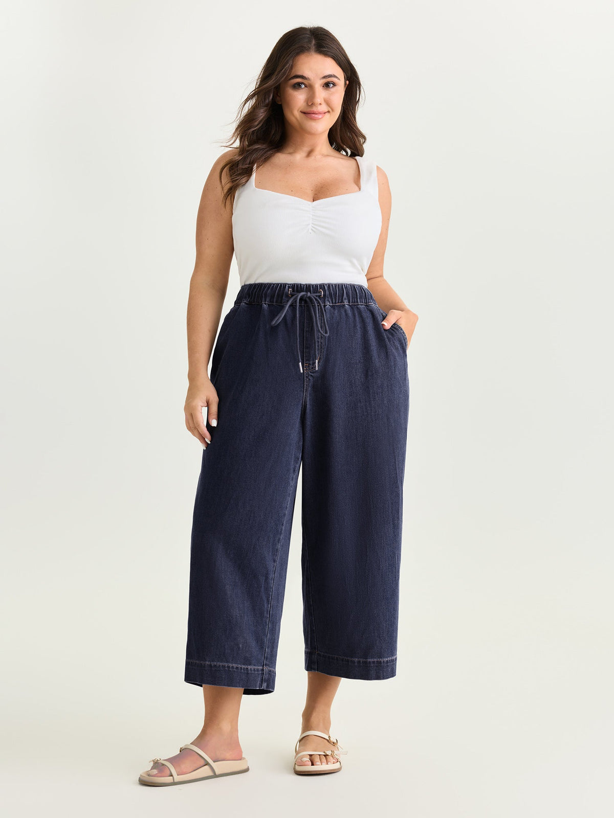 Elastic Drawstring Waistband Wide-Leg Jeans