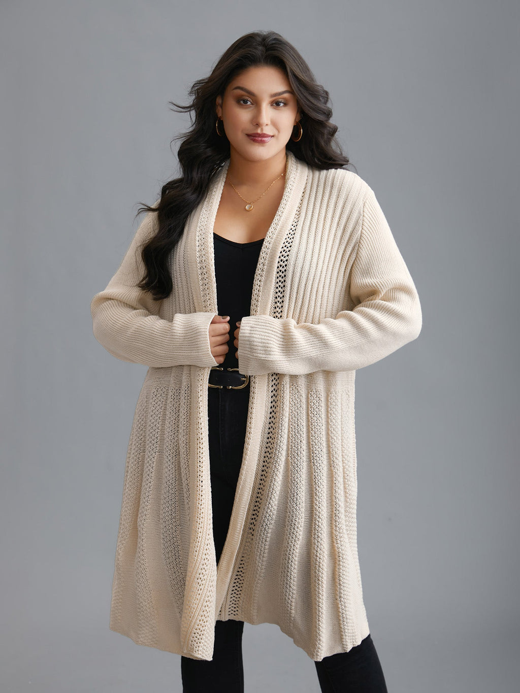 Plain Textured Kimono Collar Cardigan