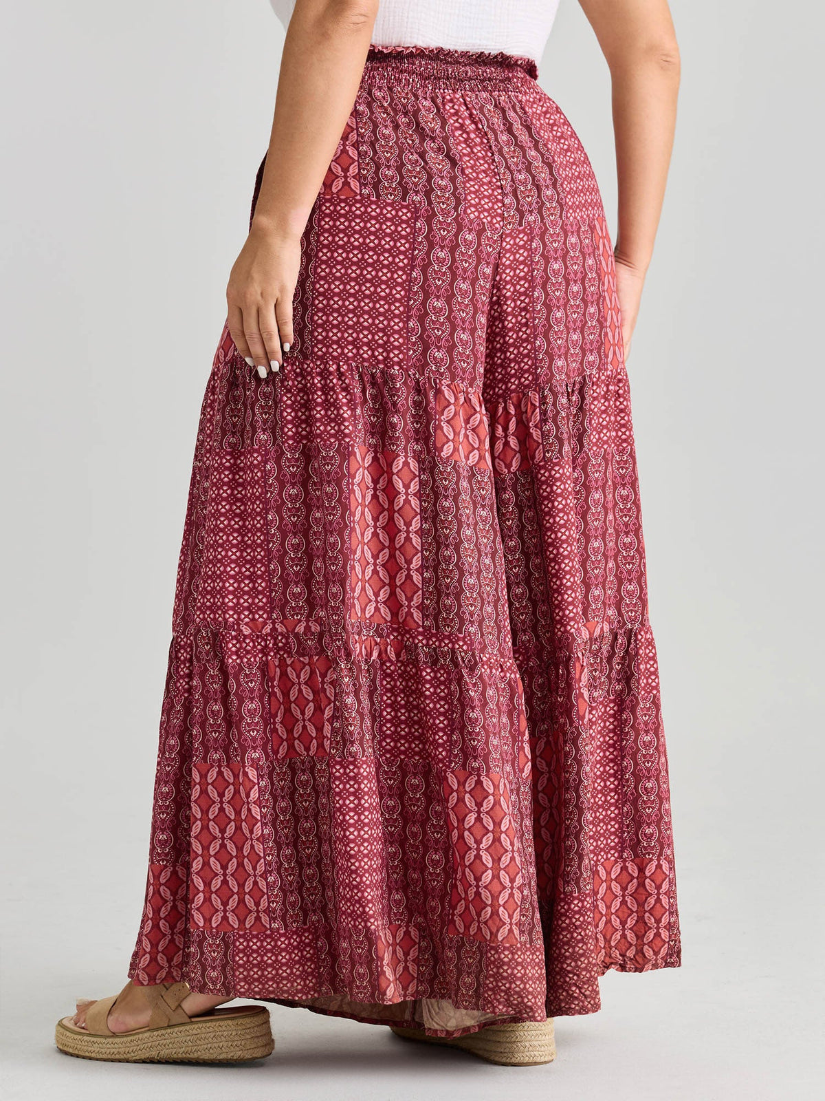 Geometric Print Flared Shirred Waist Pants