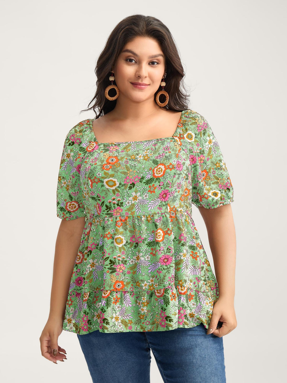 Floral Square Neck Fit and Flare Blouse