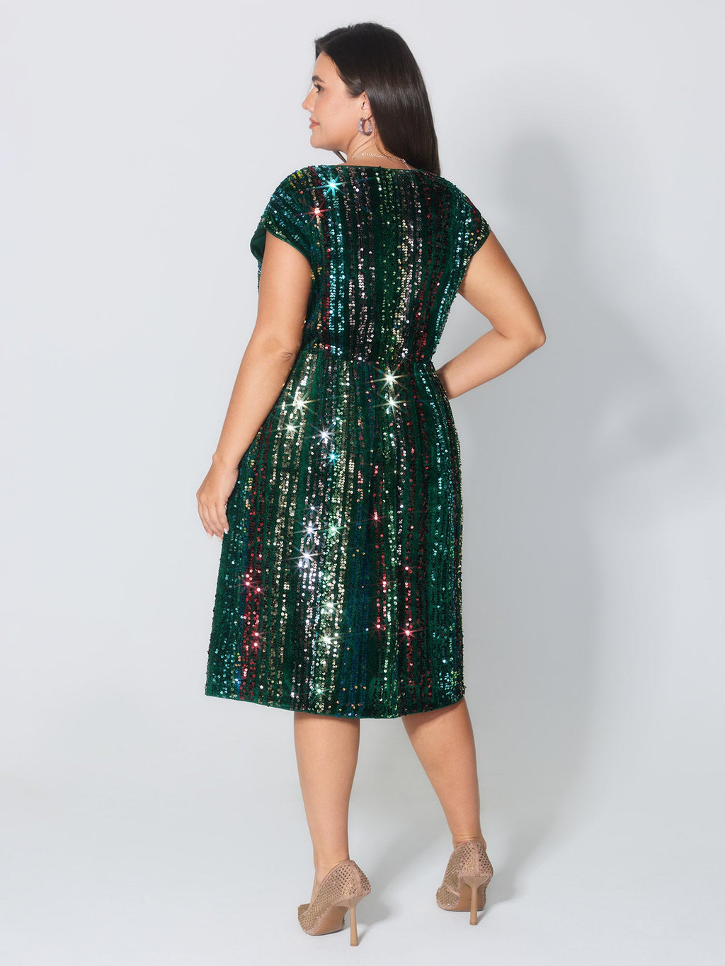 Shimmery Sequin Stripe Cinched-Waist Mini Dress