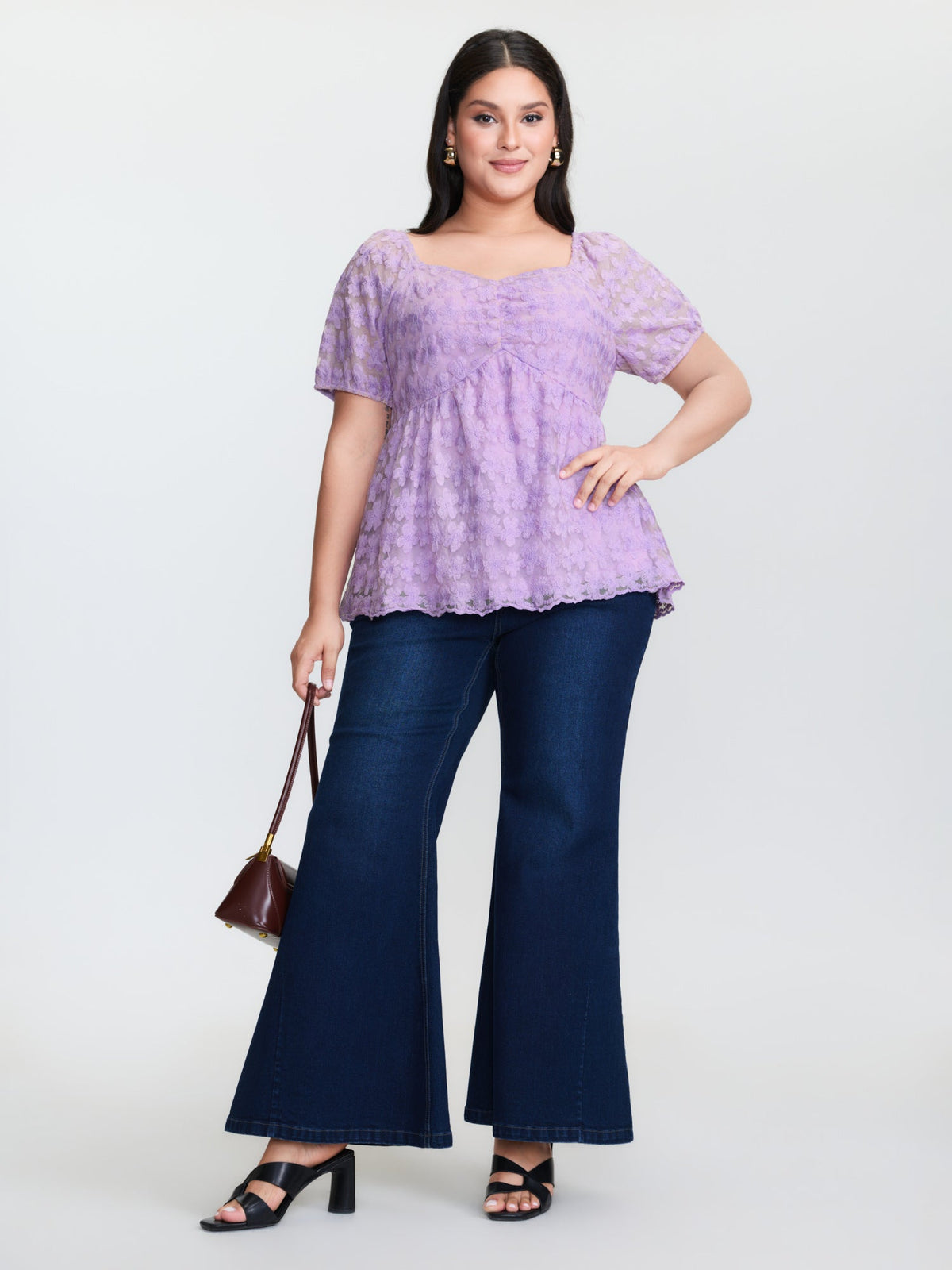Cotton Embroidered Sweetheart Neckline Flared Blouse