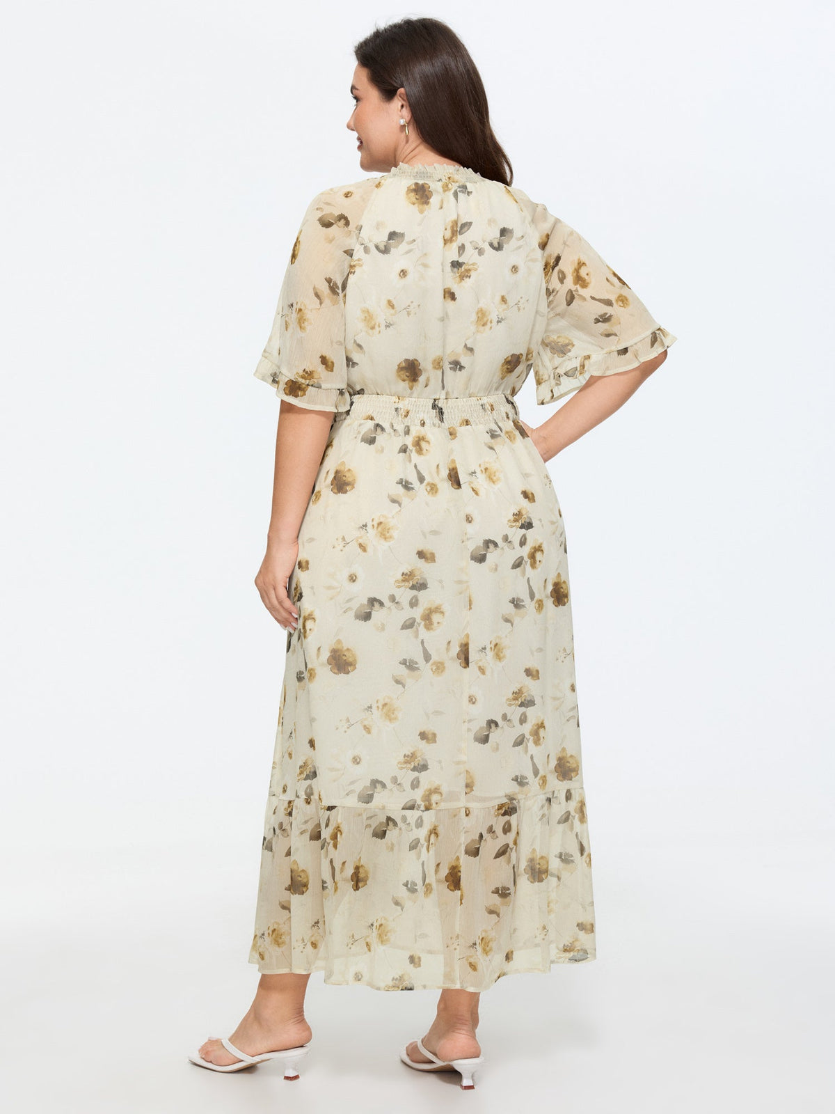 Floral Print Pockets Shirred Mock Neck Maxi Dress