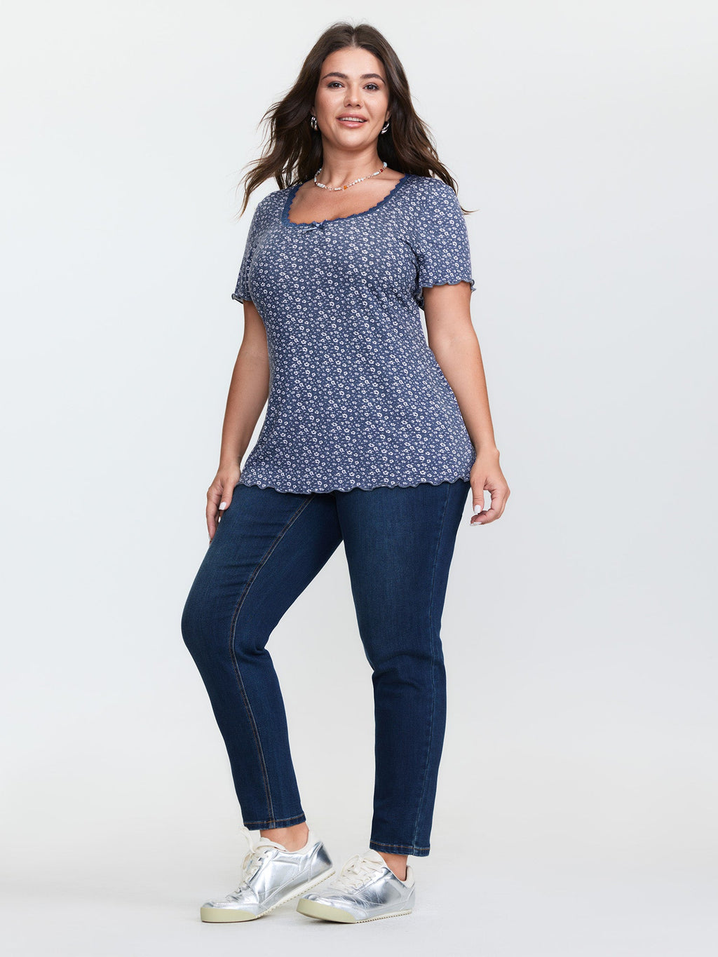 Floral Print Lace Neckline T-Shirt