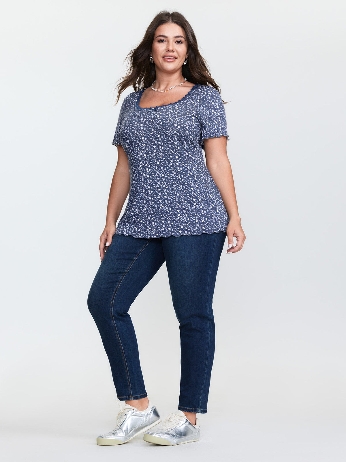 Floral Print Lace Neckline T-Shirt
