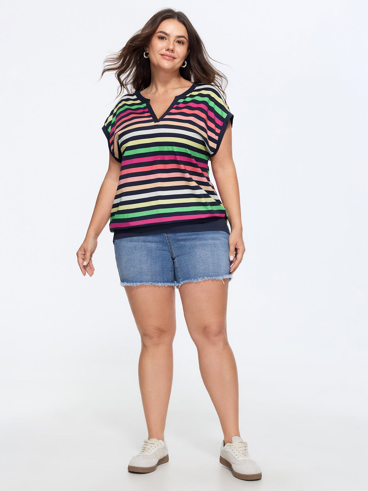 Cotton Stretchy Striped Notch Neck Top