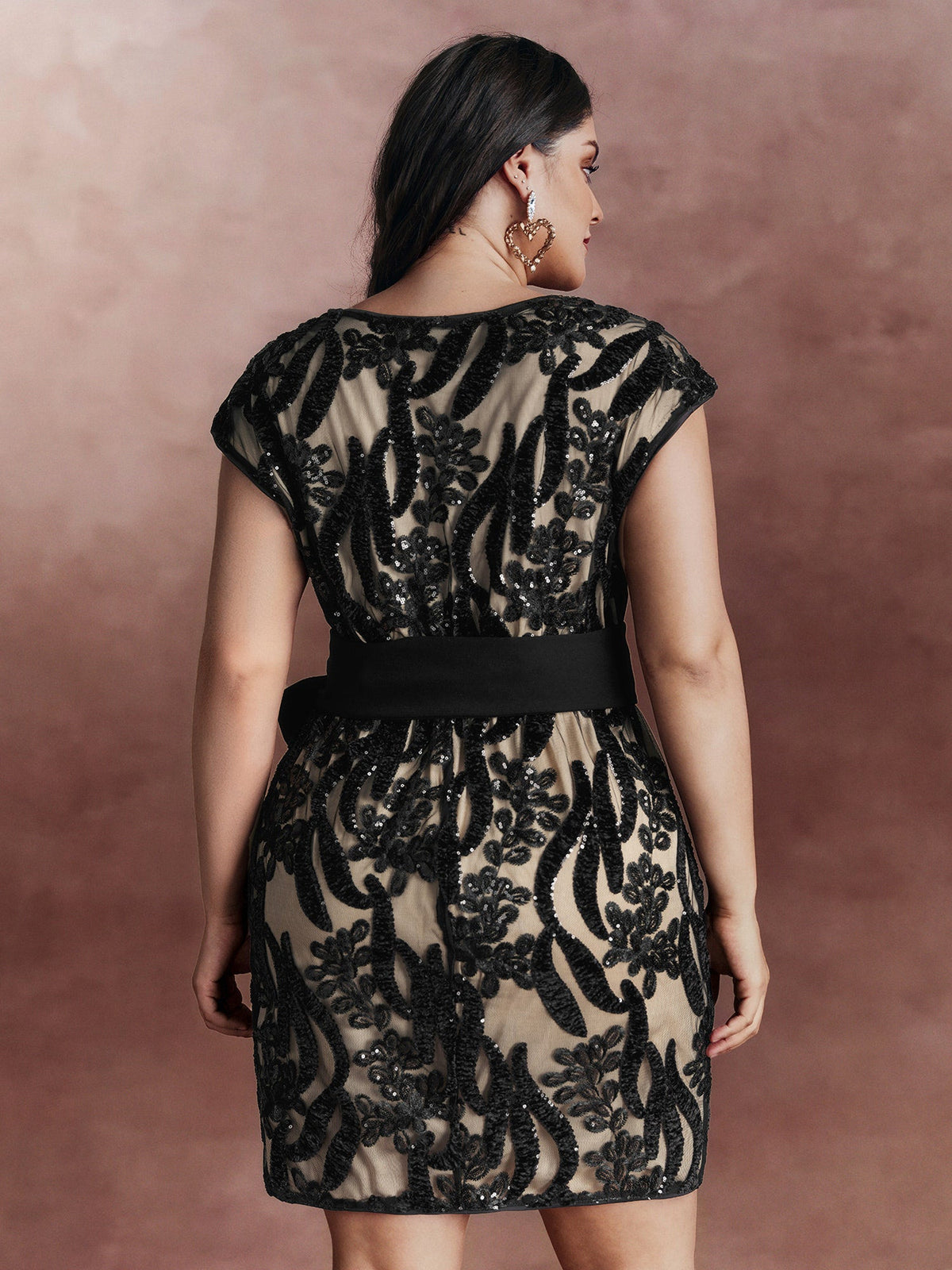 Sequin Mesh Belted Waist Mini Dress
