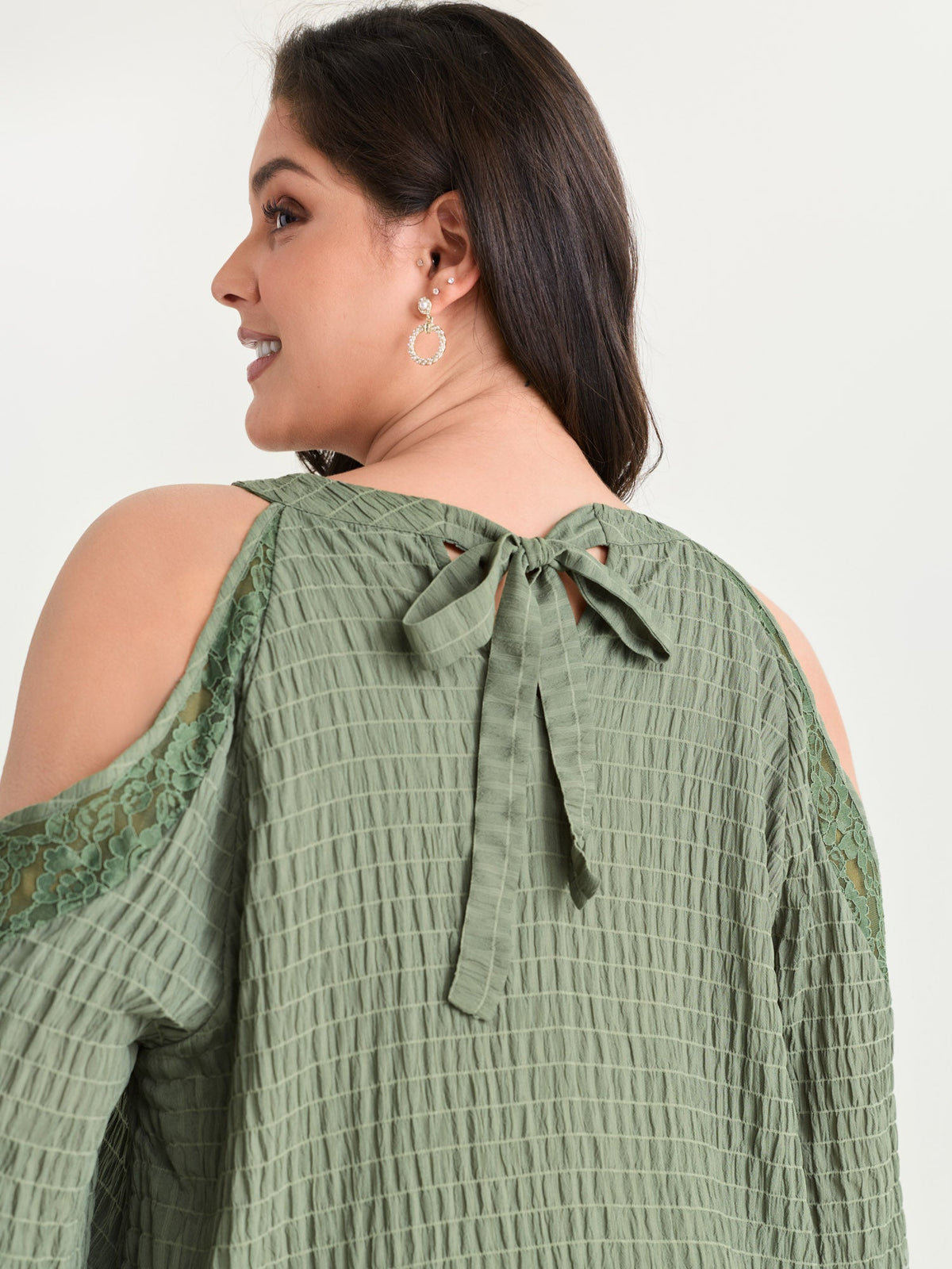 Shoulder Cut-Out Textured Back-Tie Blouse
